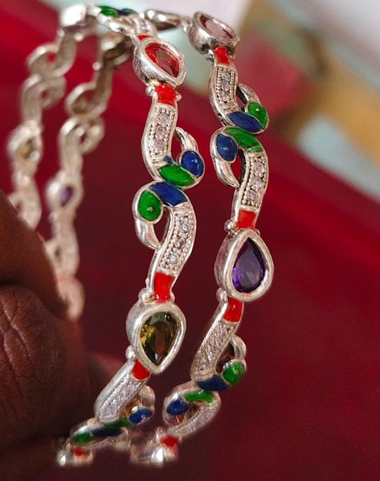 Classic 925 Silver Bangles with Artistic Enamel Work 2.8 Inch