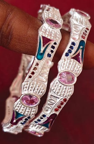 Unique Designer Enamel Bangles in Pure Silver 2.6 Inch