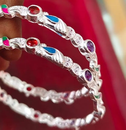Pure 925 Silver Bangles with Stylish Enamel Design 2.2 Inch