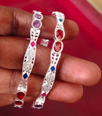 Elegant 925 Silver Bangles with Enamel Accents 2.4 Inch