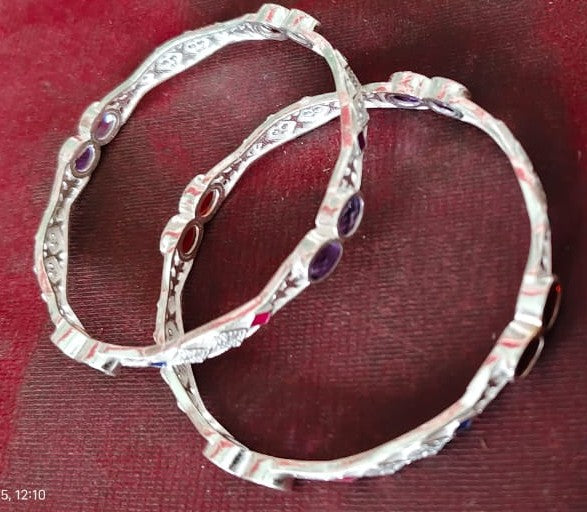 Elegant 925 Silver Bangles with Enamel Accents 2.4 Inch