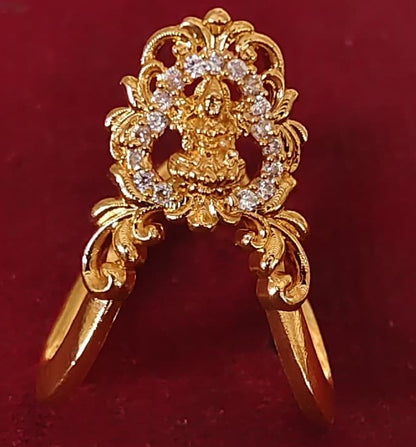 925 Silver Gold Plated Temple Ring with Goddess Lakshmi & CZ Stones