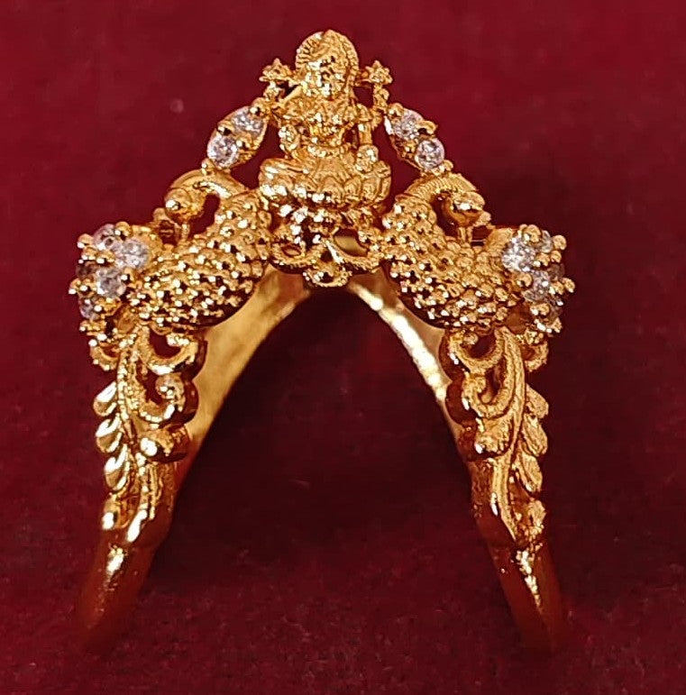 925 Silver Gold Plated Lakshmi & Twin Peacock Wedding Ring