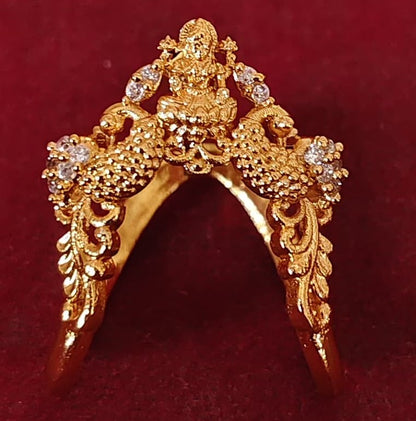 925 Silver Gold Plated Lakshmi & Twin Peacock Wedding Ring
