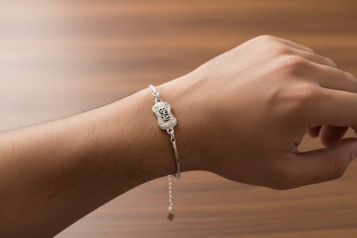 Silver "Bhai" Rakhi with Blue Stone – Rakshabandhan 2026