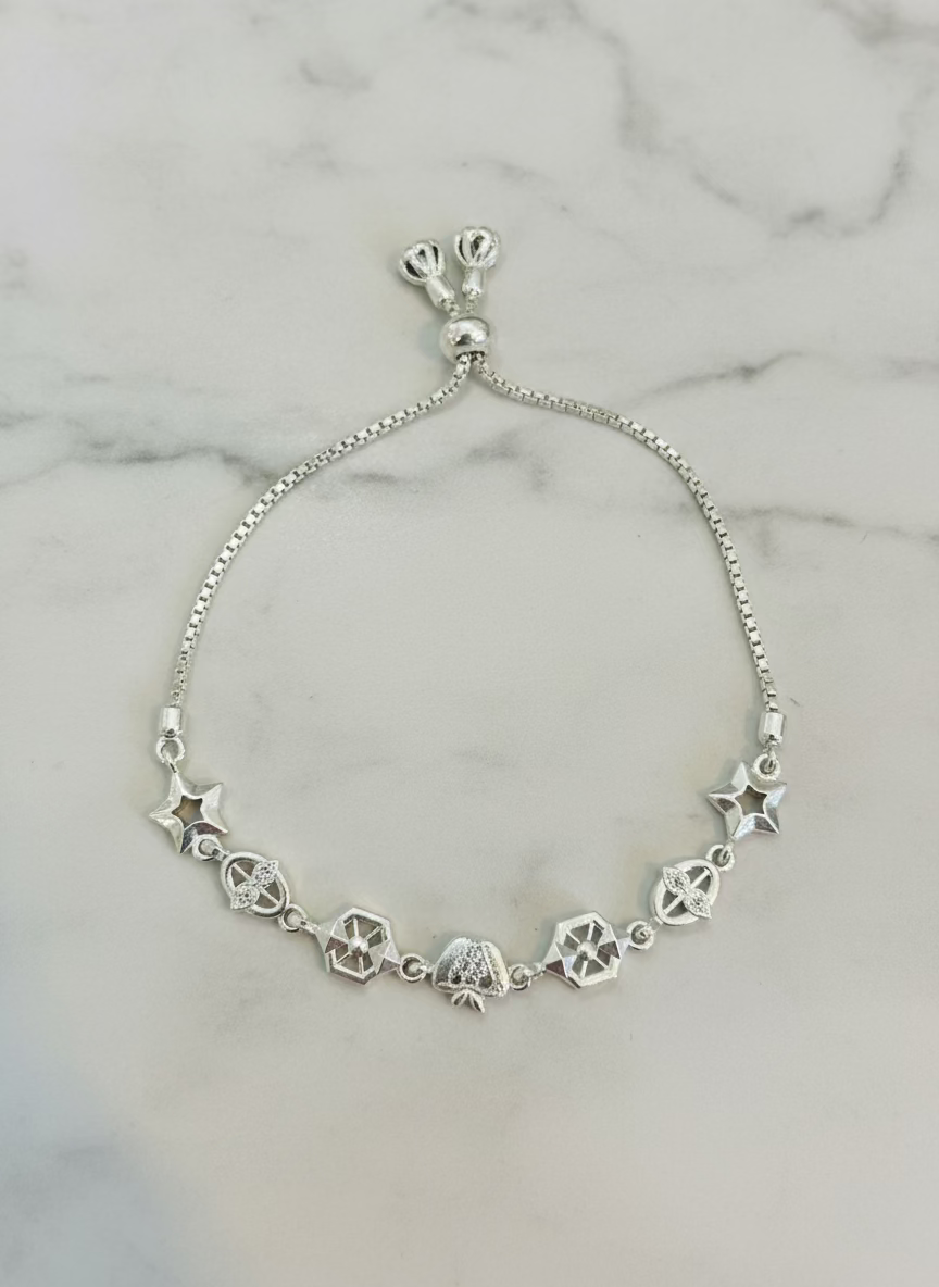 Dainty Star and Geometric Adjustable Slider Linked Charm Bracelet