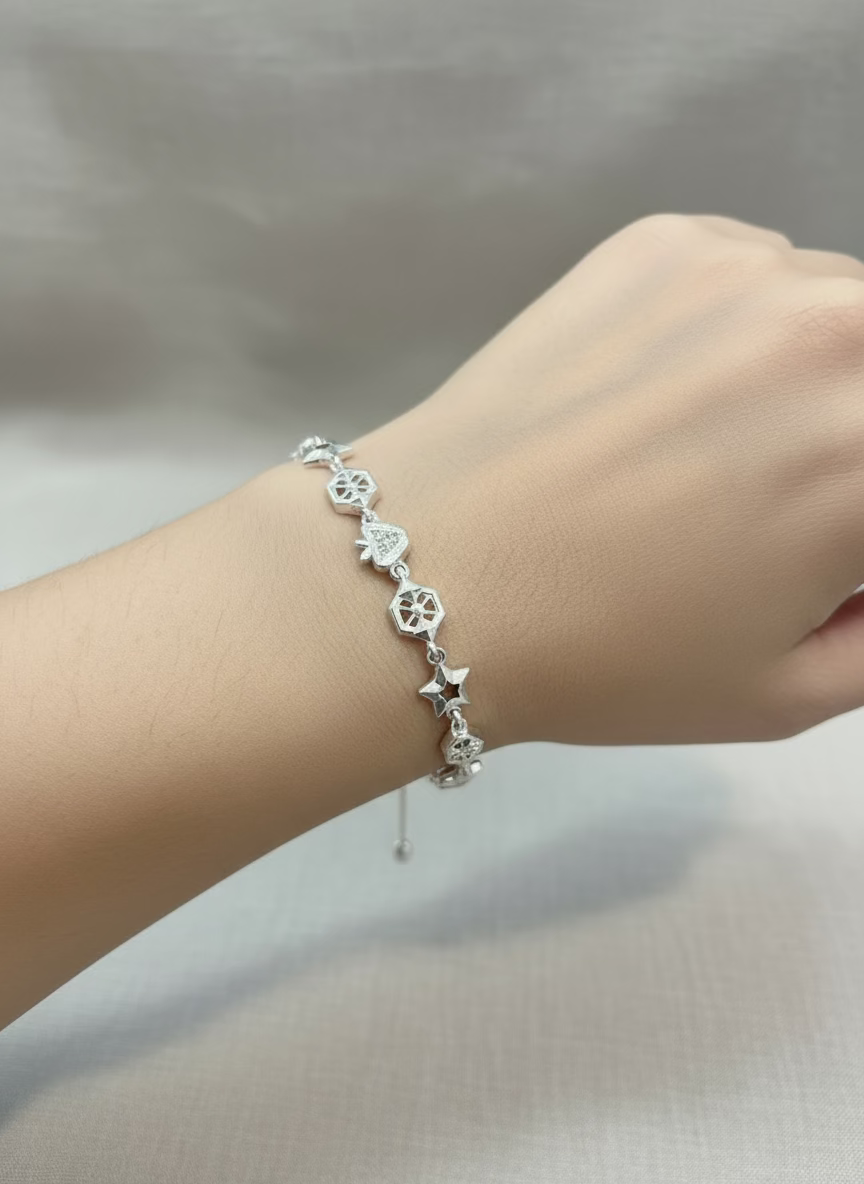 Dainty Star and Geometric Adjustable Slider Linked Charm Bracelet