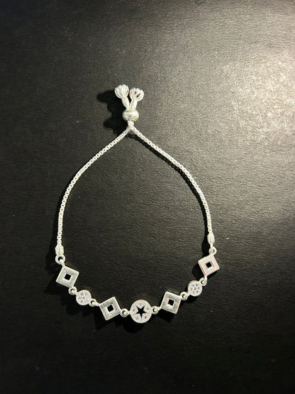 Sparkling Cubic Zirconia Geometric Sterling Silver Adjustable Bolo Bracelet
