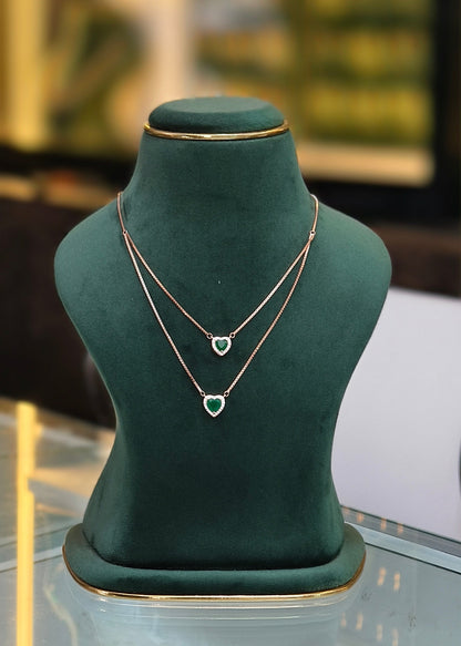 Double Layer Heart Pendant Necklace with Green Stone