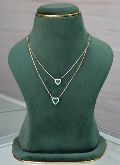 Double Layer Heart Pendant Necklace with Green Stone