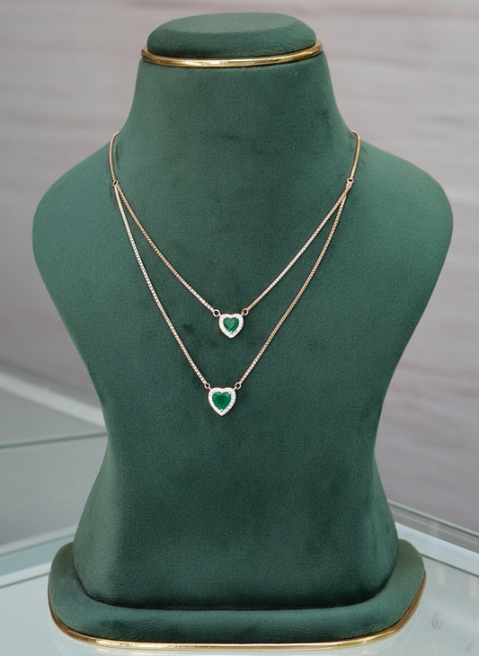 Double Layer Heart Pendant Necklace with Green Stone