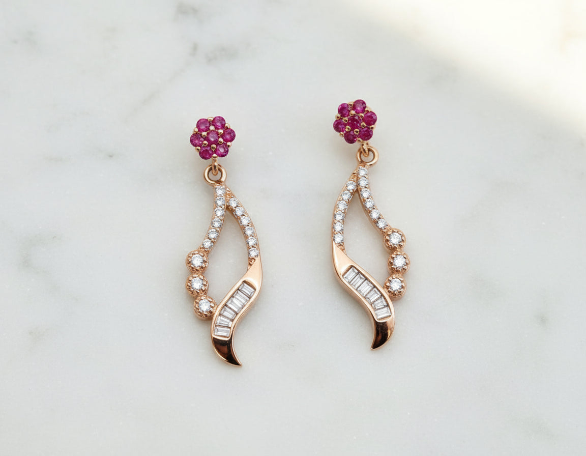 Dazzling Ruby Cluster & CZ Drop Ear Studs in Gold Tone