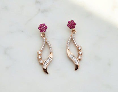 Dazzling Ruby Cluster & CZ Drop Ear Studs in Gold Tone