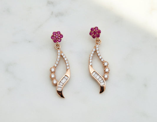 Dazzling Ruby Cluster & CZ Drop Ear Studs in Gold Tone