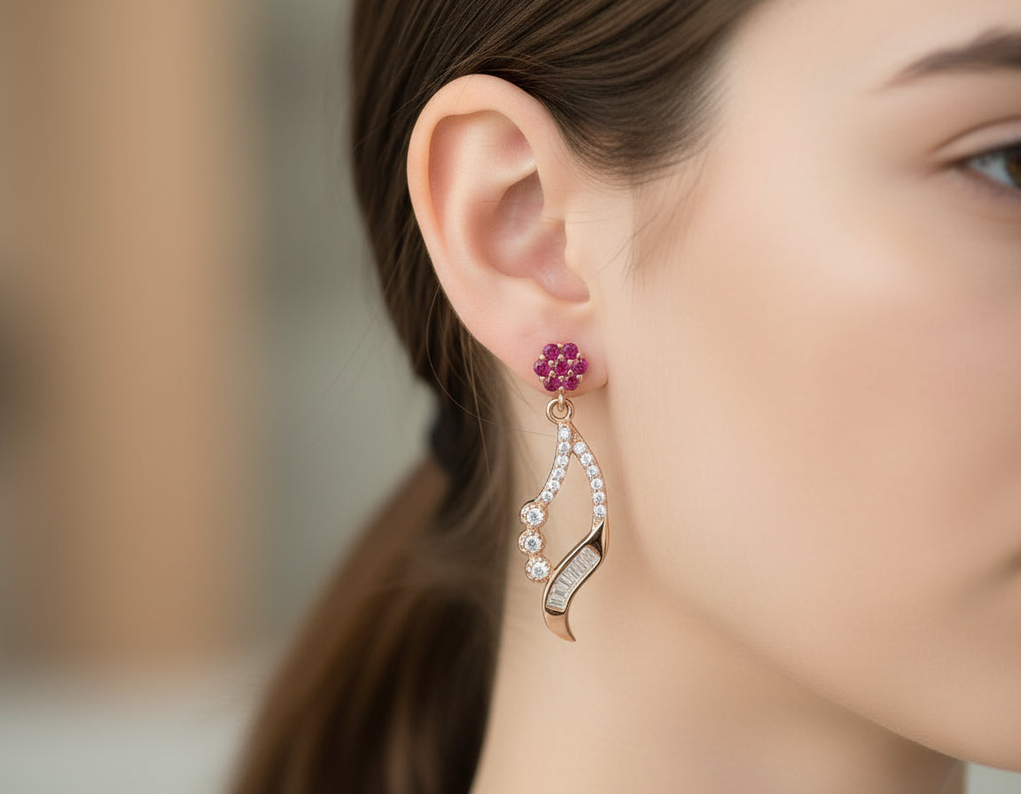 Dazzling Ruby Cluster & CZ Drop Ear Studs in Gold Tone