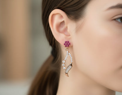 Dazzling Ruby Cluster & CZ Drop Ear Studs in Gold Tone