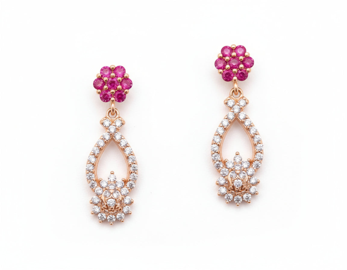 Elegant Rose Gold-Plated CZ & Pink Stone Floral Drop Ear Studs