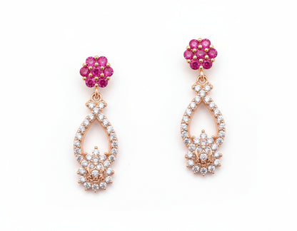 Elegant Rose Gold-Plated CZ & Pink Stone Floral Drop Ear Studs