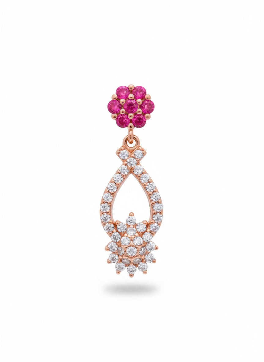 Elegant Rose Gold-Plated CZ & Pink Stone Floral Drop Ear Studs