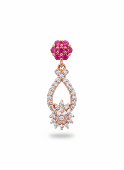 Elegant Rose Gold-Plated CZ & Pink Stone Floral Drop Ear Studs
