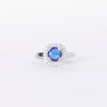 Blue Solitaire Sapphire and Diamond Halo Ring