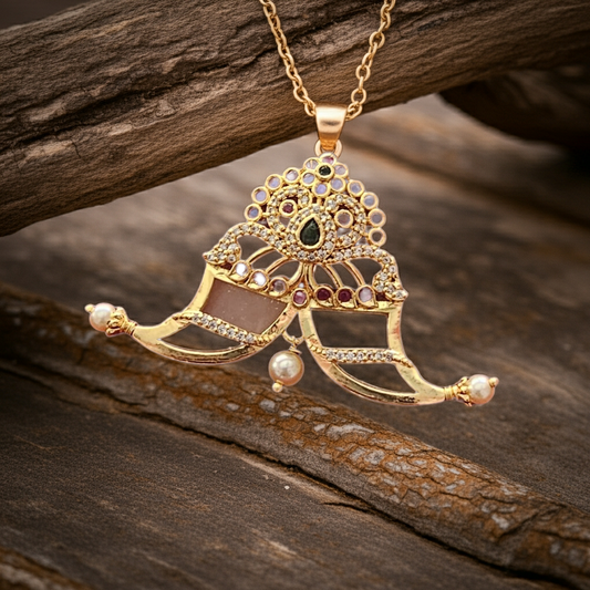 Traditional Tiger Nail Gold Plated Pendant with Stones & Pearls