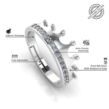 Pure Sterling SIlver Crown Ring - Adjustable Zircon Princess Tiara Ring