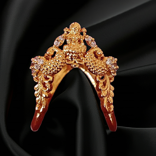 925 Silver Gold Plated Lakshmi & Twin Peacock Wedding Ring