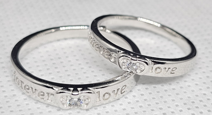 Silver Couple Rings with "Forever Love" Engraving & CZ Stones