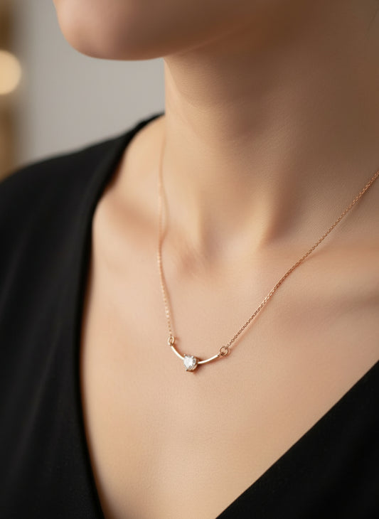 Pure SIlver Delicate Rose Gold Plated Heart Solitaire Bar Necklace