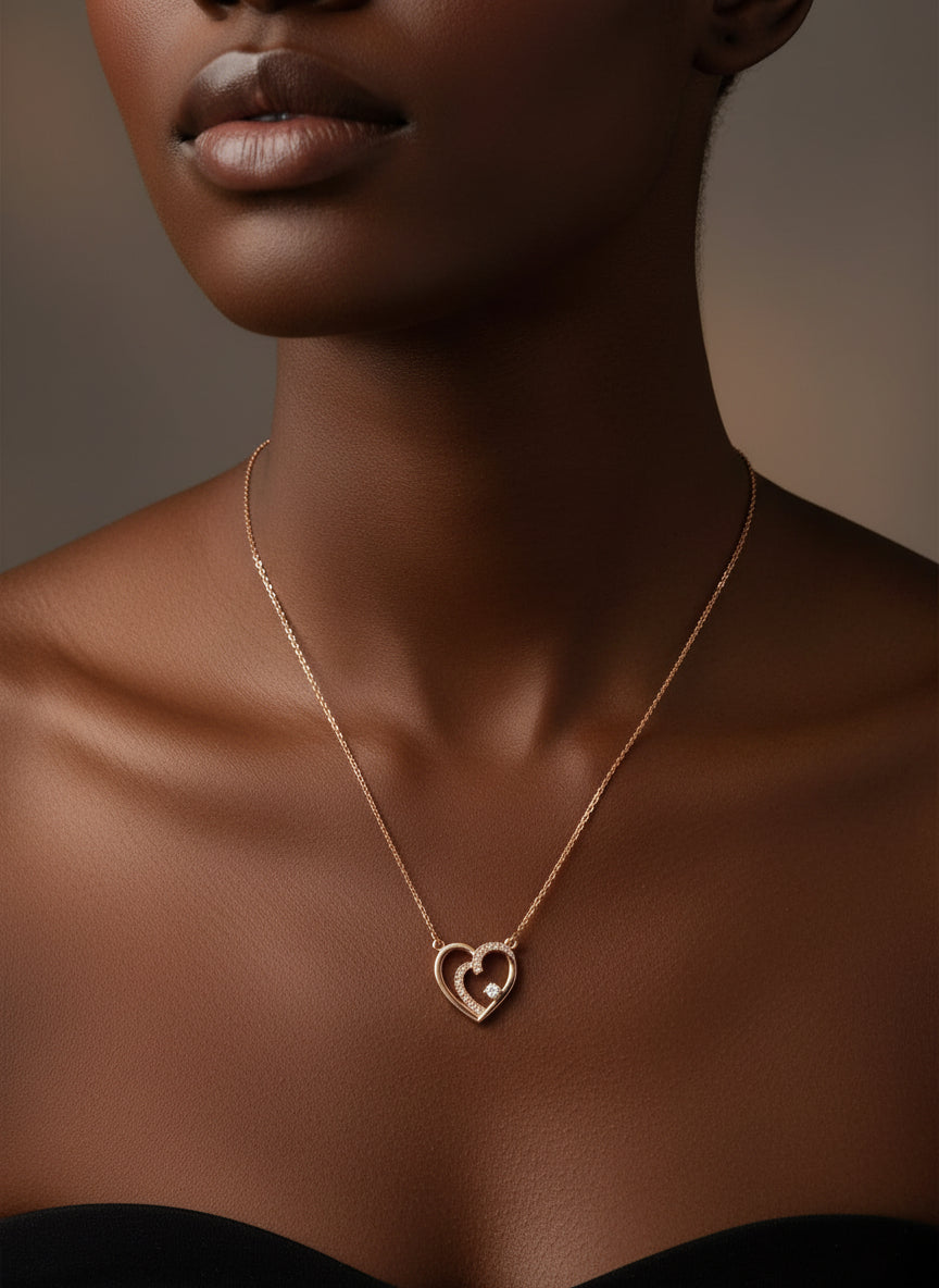 Rose Gold Plated Nested Heart Solitaire CZ Pendant Necklace