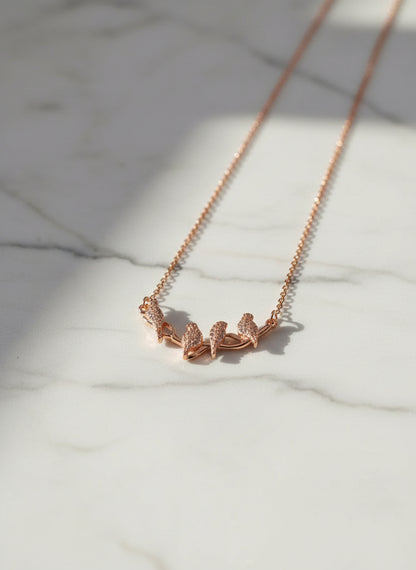 Pure Silver Rose Gold Plated Pave CZ Four Birds On Branch Minimalist Necklace
