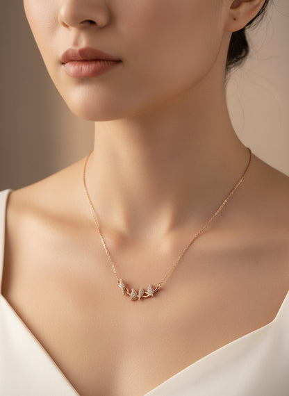 Pure Silver Rose Gold Plated Pave CZ Four Birds On Branch Minimalist Necklace