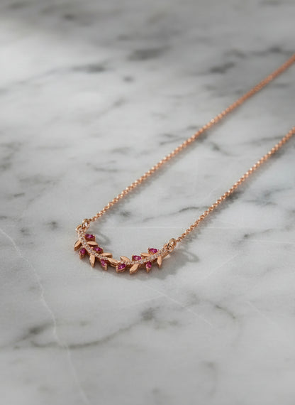 Pure Silver Rose Gold Plated Ruby & White CZ Curved Wreath Pendant Necklace