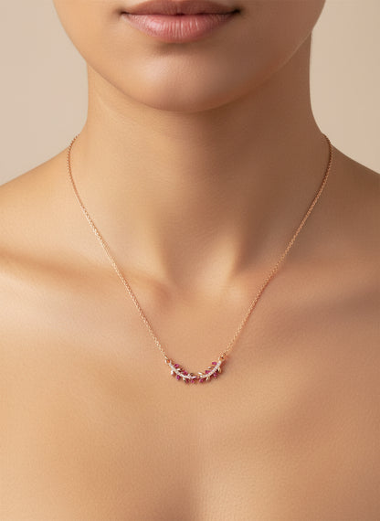 Pure Silver Rose Gold Plated Ruby & White CZ Curved Wreath Pendant Necklace