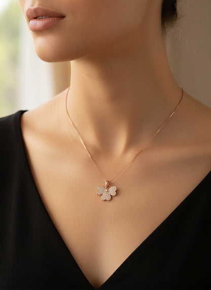 Pure Silver Rose Gold Plated Pave CZ Clover Flower Minimalist Pendant Necklace
