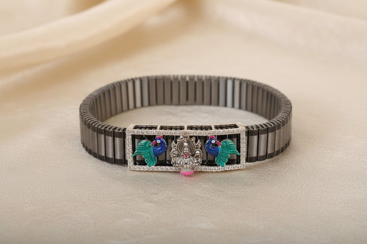 Pure Silver & Black PVD Lakshmi Peacock Heritage Bracelet