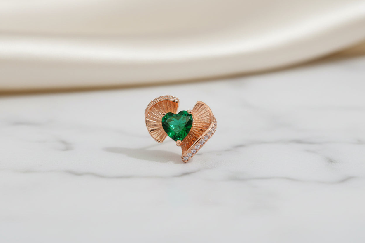 92.5 Sterling Silver Rose Gold Emerald Green Heart Earrings