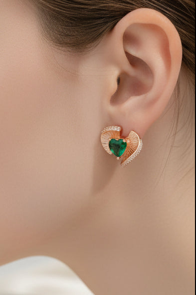 92.5 Sterling Silver Rose Gold Emerald Green Heart Earrings