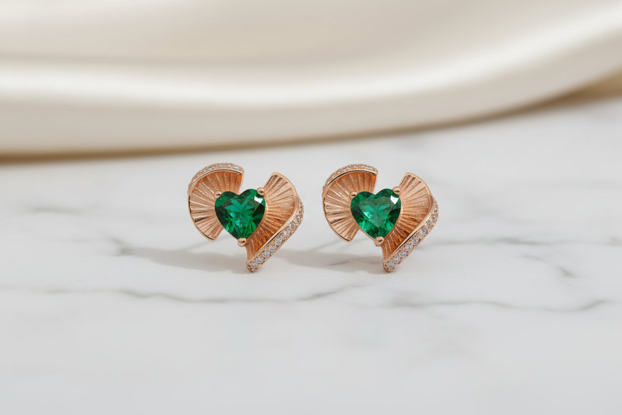 92.5 Sterling Silver Rose Gold Emerald Green Heart Earrings