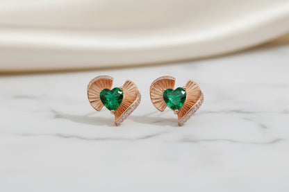 92.5 Sterling Silver Rose Gold Emerald Green Heart Earrings