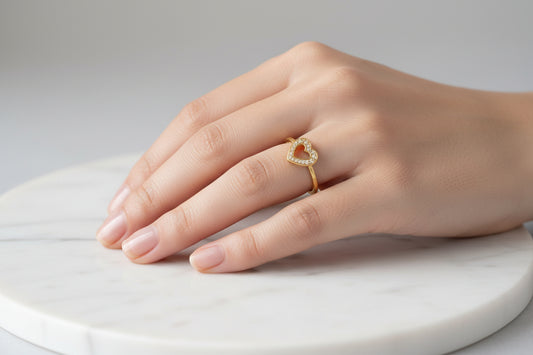 Pure 92.5 Silver Gold Coated Crystal Open-Heart Dainty Ring