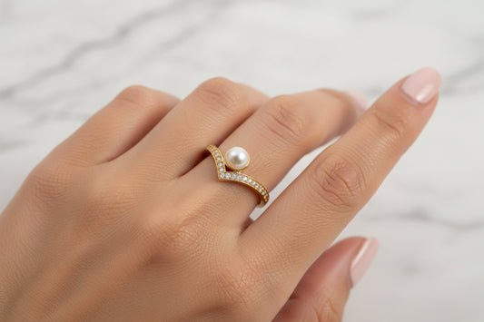 Luxury 92.5 Sterling Silver Gold Coated Pearl & Chevron "Aura" Ring