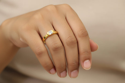 Luxury 92.5 Sterling Silver Gold Coated Princess-Cut Solitaire Ring