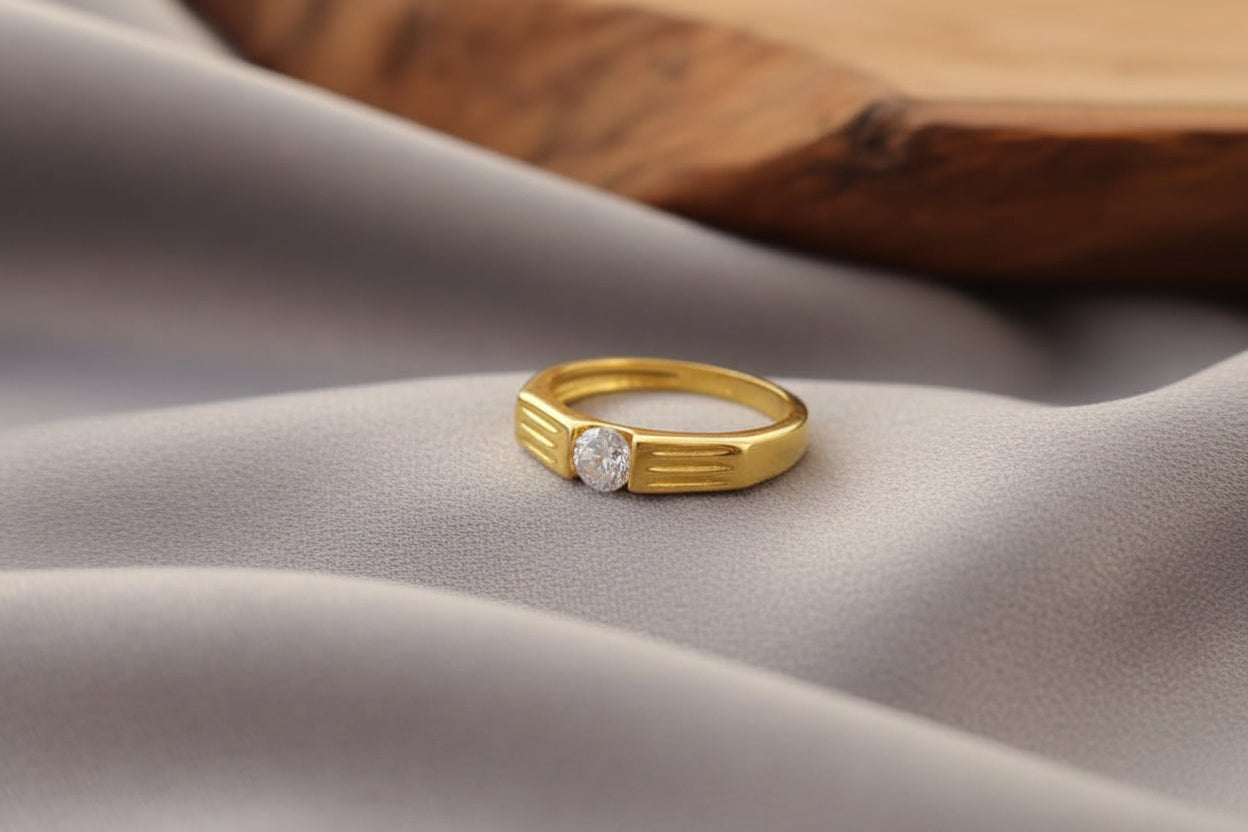 Luxury 92.5 Sterling Silver Gold Coated Ribbed Solitaire Ring