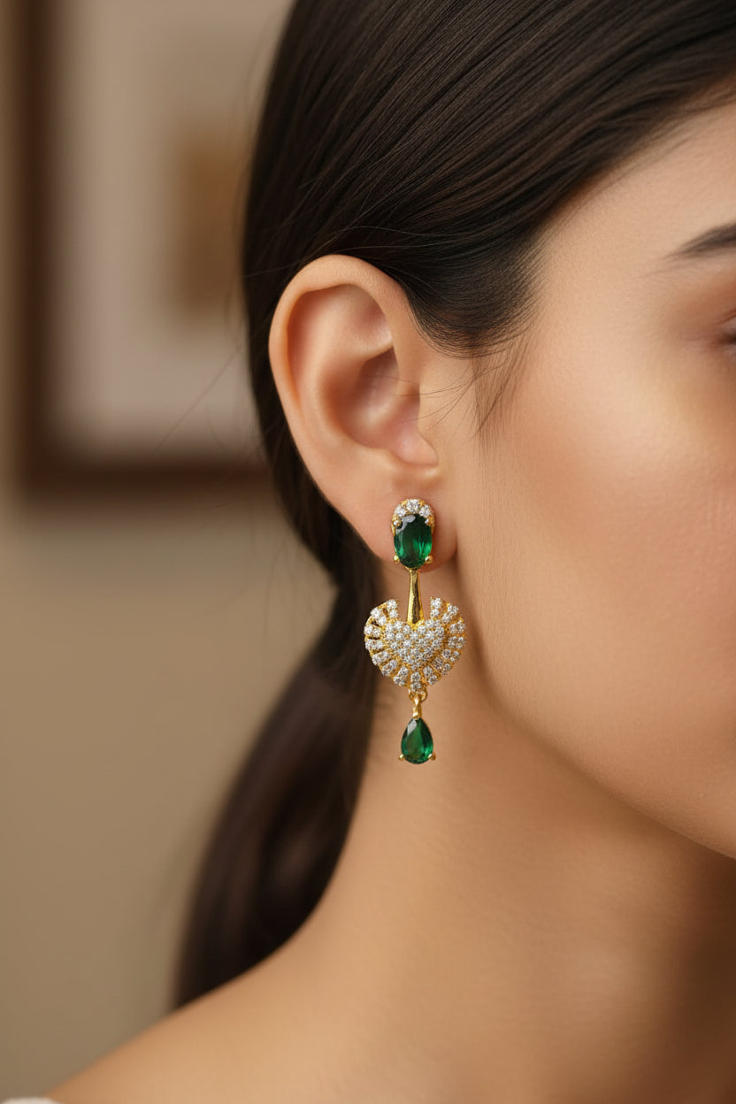 Luxury 92.5 Sterling Silver Gold Coated Emerald Heart Necklace with Earrings