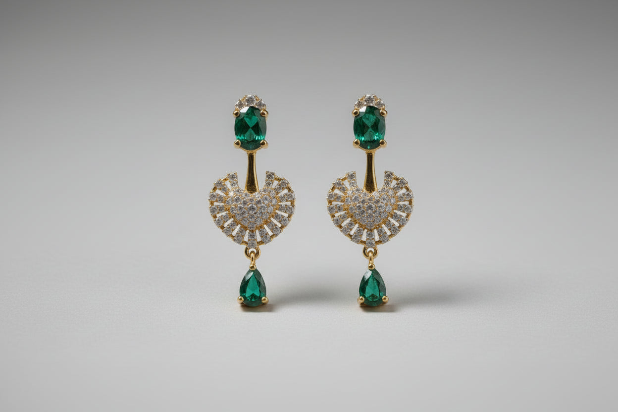 Luxury 92.5 Sterling Silver Gold Coated Emerald Heart Necklace with Earrings