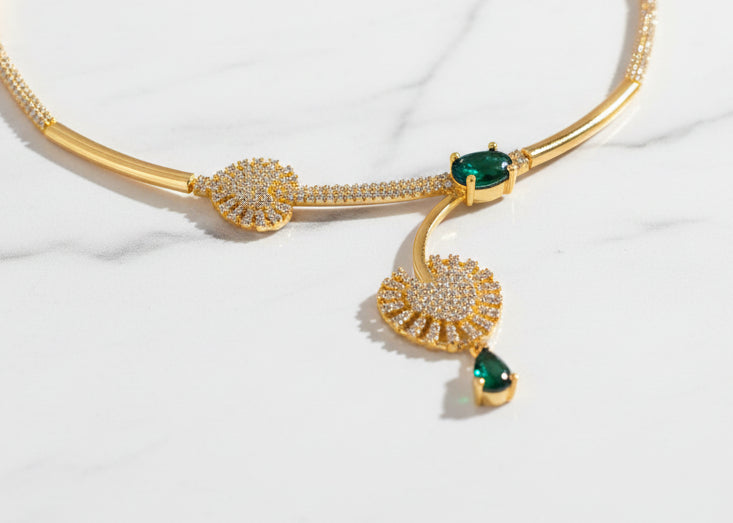Luxury 92.5 Sterling Silver Gold Coated Emerald Heart Necklace with Earrings