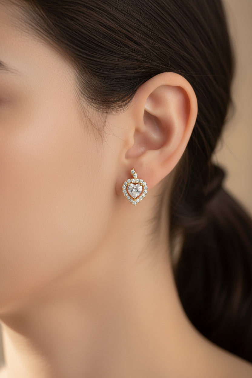 Luxury 92.5 Sterling Silver Gold Coated Heart Stud Earrings