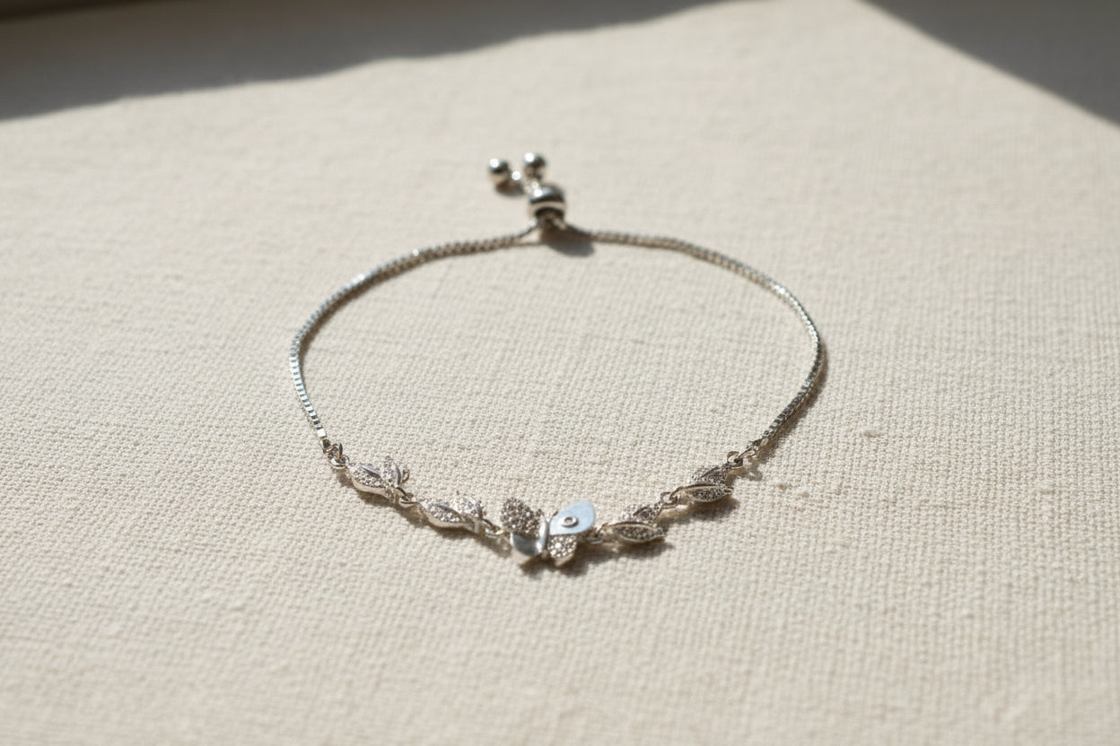 92.5 Sterling Silver Butterfly & Leaf adjustable Bracelet
